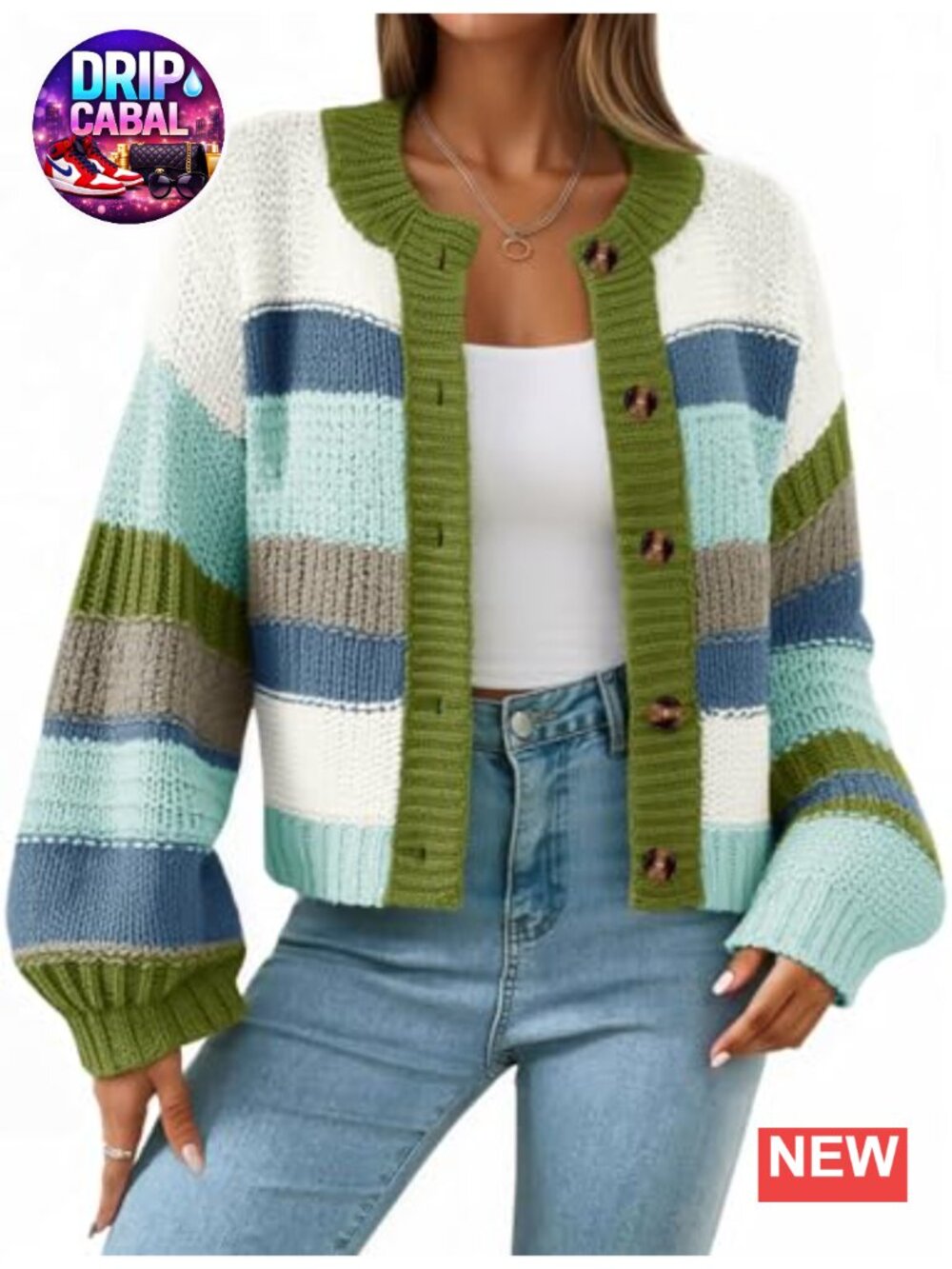 Womens Striped Chunky Cardigan Button Down Loose Knit Sweater